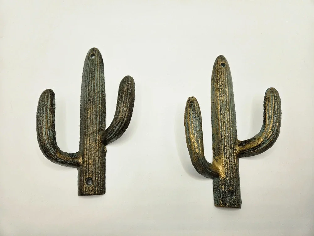 2 Cast Iron Green Gold Cactus Double Wall Hook Southwest Coat Towel Purse Hanger